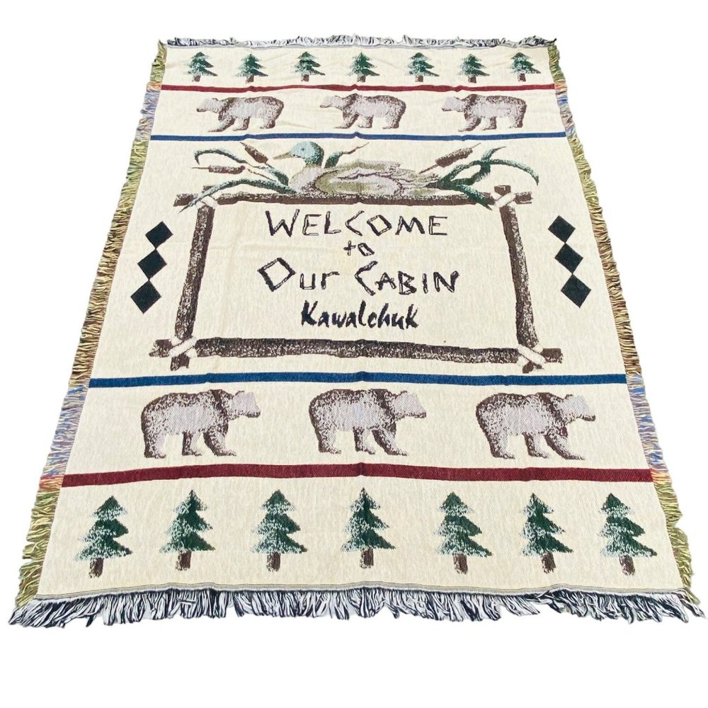 Welcome to Our Cabin Kawalchuk Bears Pine Trees Cotton Tapestry Afghan Throw